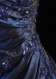A-Line Navy Blue Strapless Satin Beading Vintage Long Party Dress Evening Dress, HZ0319