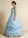 Pretty Prom Dress Strapless Pleated Flower Ball Gown Birthday Party Dress Evening Dress HZ0319