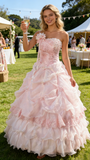 Pretty Prom Dress Strapless Pleated Flower Ball Gown Birthday Party Dress Evening Dress HZ0319